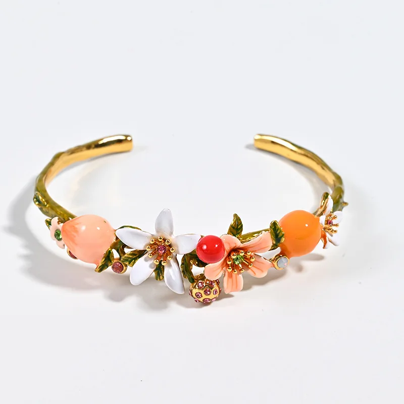 

Personality Niche 14K Gold Filled Colorful Enamel Flower Bracelet Open Cuff Bangle For Women Natural Design Non-fading Jewellery