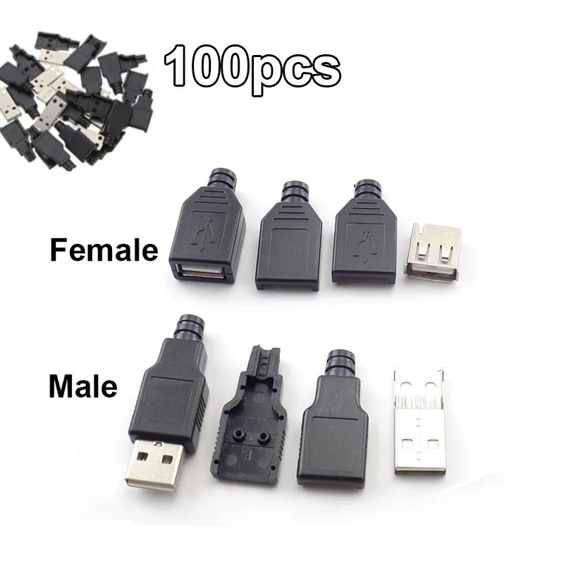 100pcs Type A Male Female USB 4 Pin Plug Socket Connector With Black Plastic Cover Type-A DIY Kits DIY USB Connectors C3