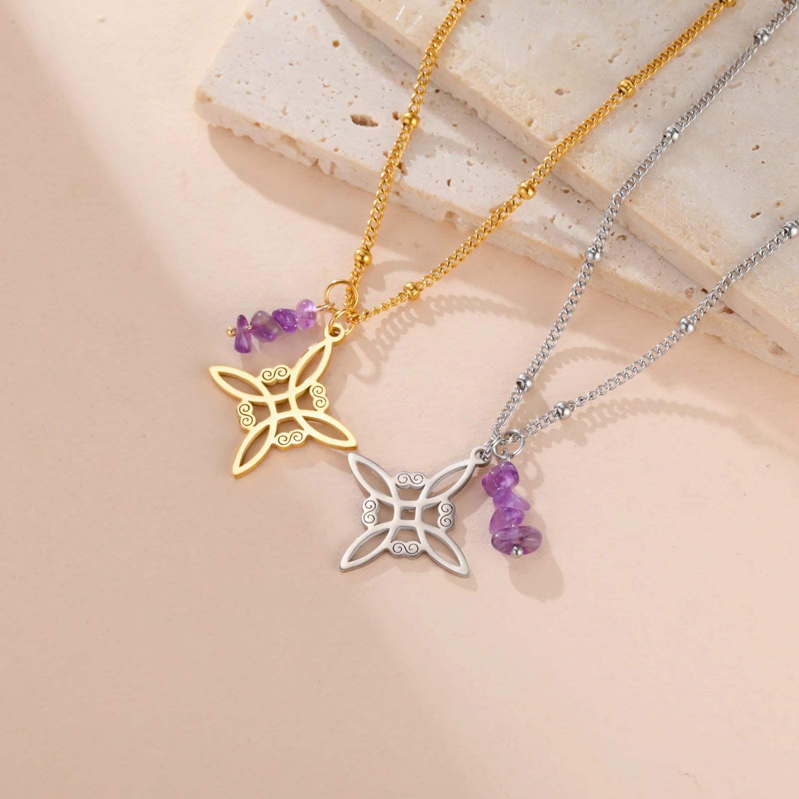 COOLTIME Shaman Knot Pendant with Amethyst Necklace Women's Stainless Steel Bead Chain Vintage Amulet Witchcraft Jewelry Gift