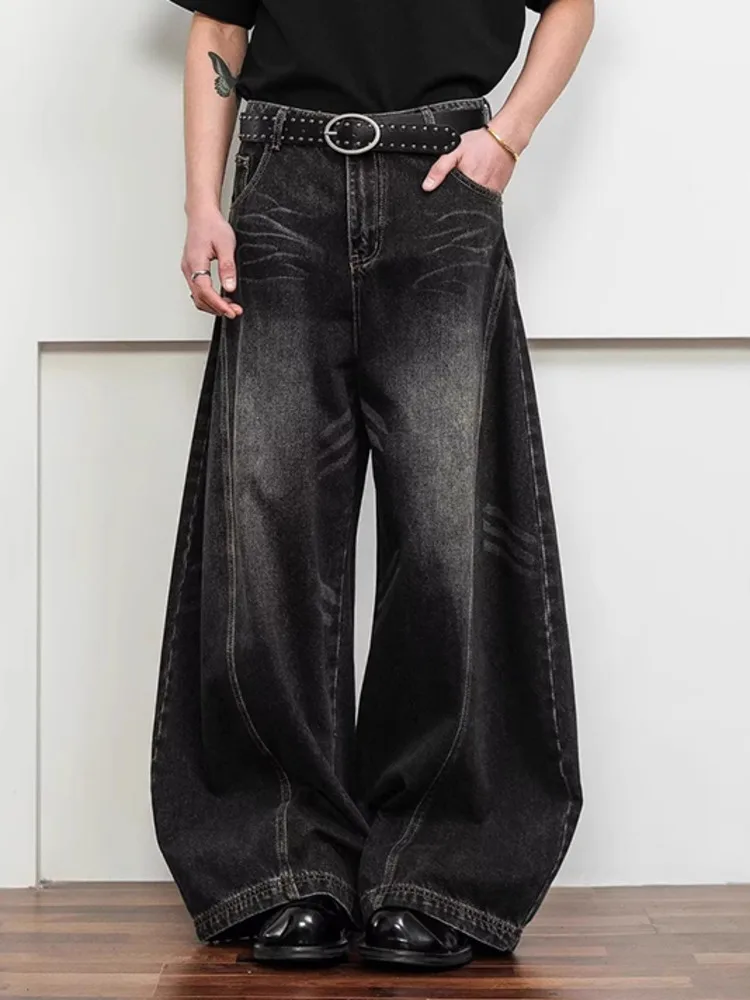Calça Jeans Masculina Vintage com Costura Curva, Perna Larga, Azul Lavado, Caimento Folgado, Estilo Streetwear, Calça Longa de Denim, Nova Moda 2026, 