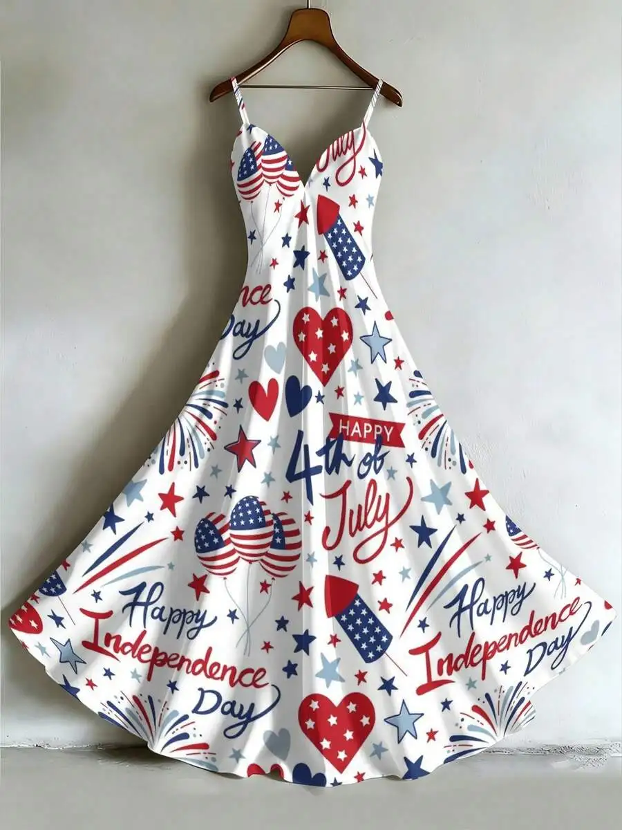 

Womens Independence Day Print Spaghetti Strap Deep V-Neck Ruched Flowy Maxi Dress Summer Beach Outfit