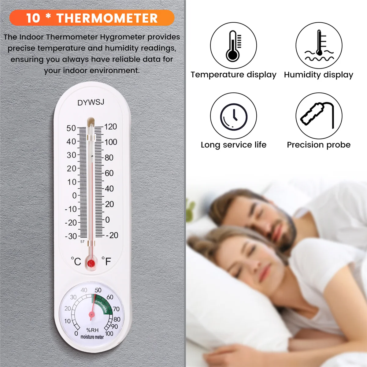 AA98 Indoor Thermometer Hygrometer Pointer Wall Vertical Hygrometer Red Water Long White Bar Hanging Thermometer