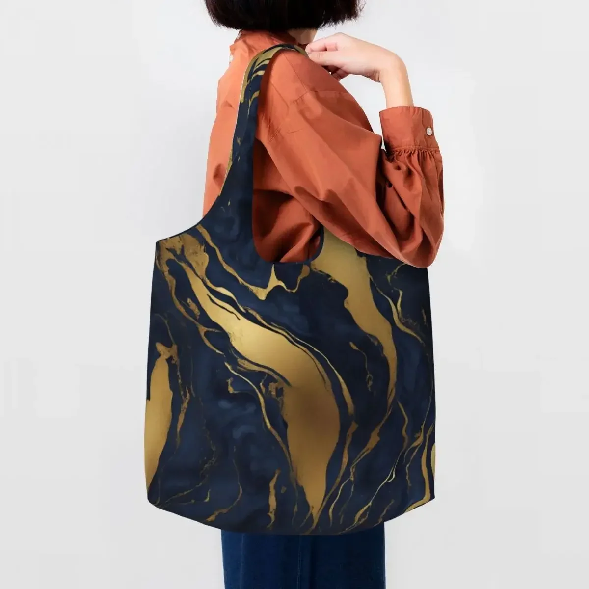 Custom Printing Scandinavian Minimalist Blue Gold Marble Swirls Shopping Tote Bag Durable Canvas Shopper Shoulder Handbag