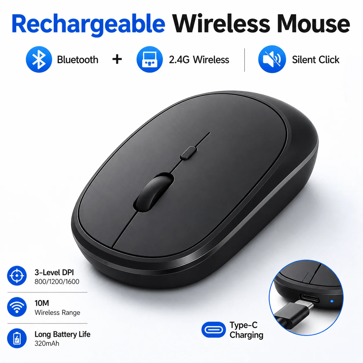 Rechargeable Wireless Mouse Bluetooth 2.4G Dual Mode Silent Click 1600 DPI USB Mouse For Laptop Tablet iPad PC Portable Mouse