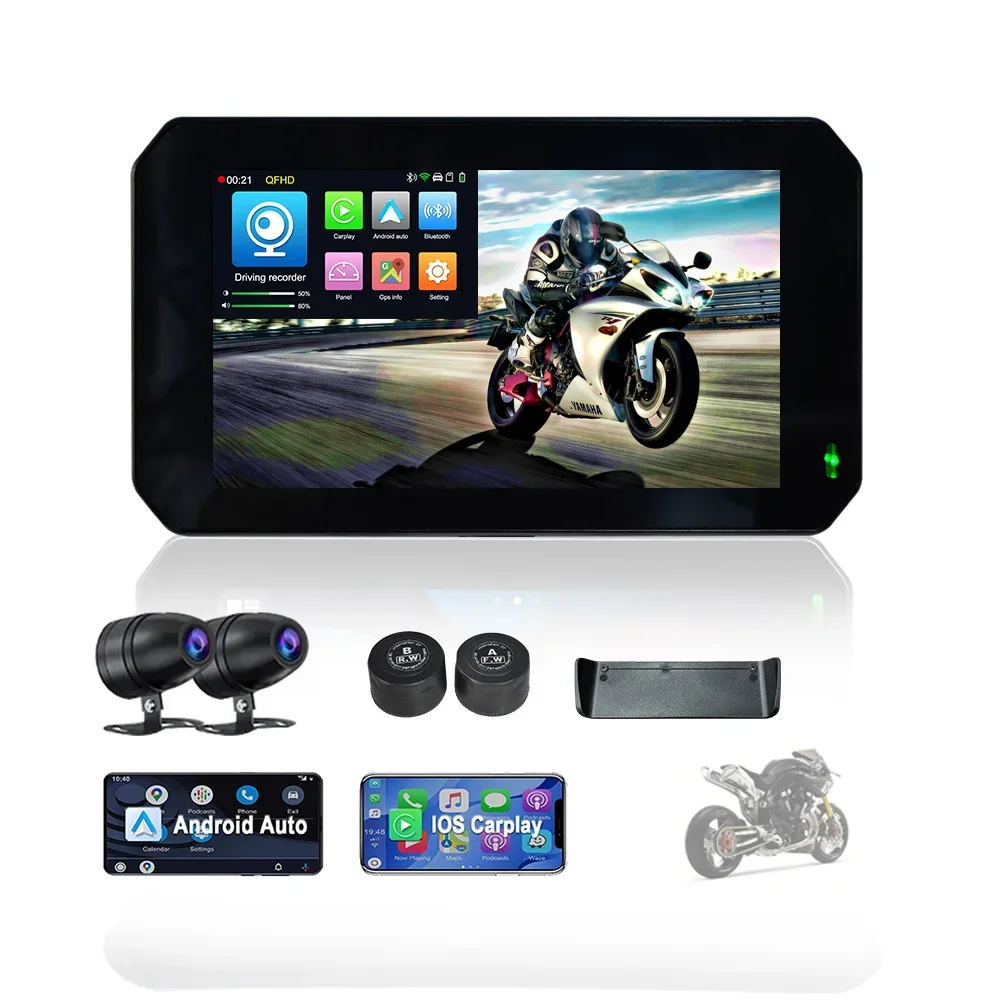 5 Inch Motorcycle Portable 1080P Dual Camera Wireless CarPlay Android Auto Navigation GPS With TPMS Tire Pressure Sensors