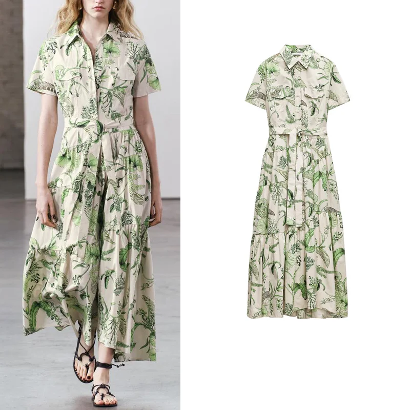 

Spring New Casual irt Sle Printed Dr Waist Belt Loose Fit ort Sve Women's Mid-Length A-Line Skirt Polyester Fiber