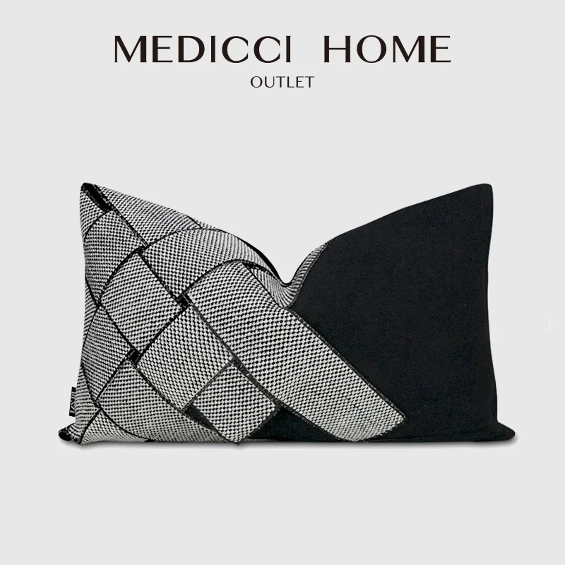 Medicci Home Italian Richly Textured Cushion Cover Black And Grey Palette Woven Appliqué Decorative Lumbar Pillow Case 30x50cm
