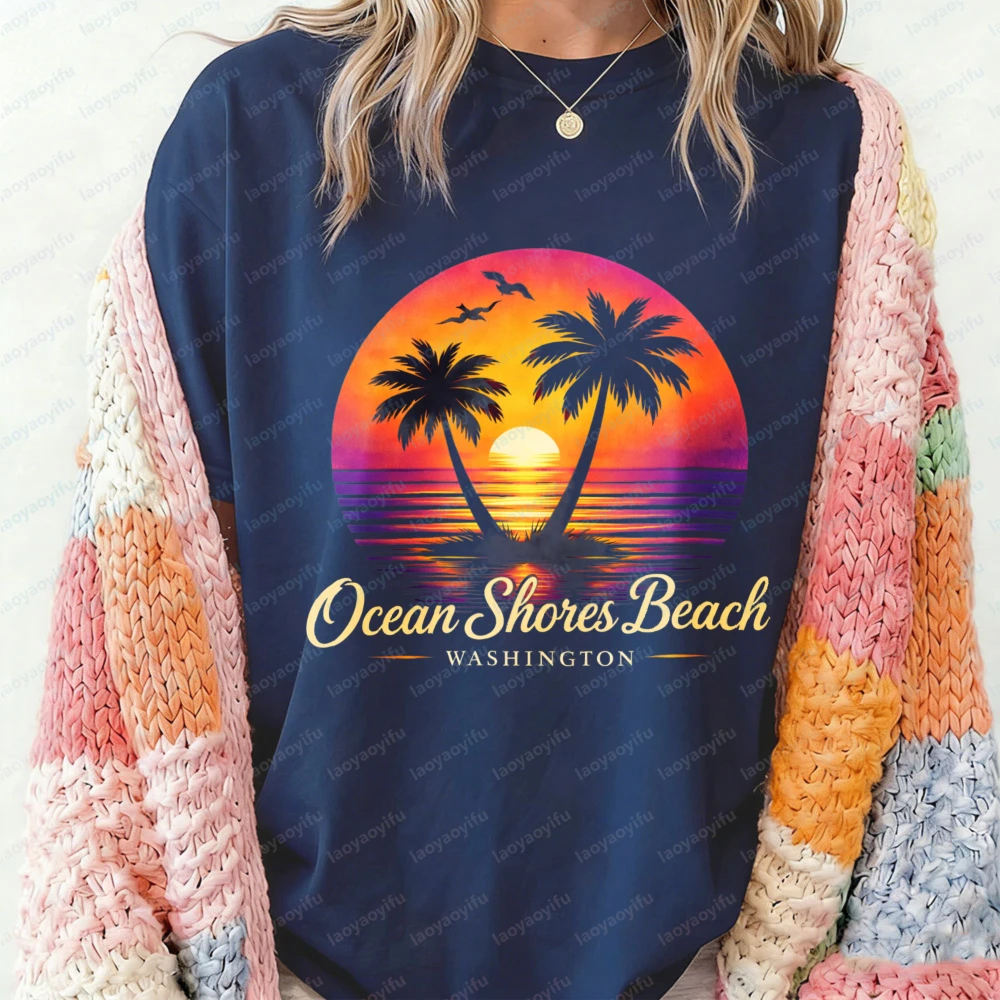 Stylish Washington Vacation Cotton T-Shirt Trendy Ocean Shores Beach Sunset Graphic Streetwear Casual Tee for Men and Women
