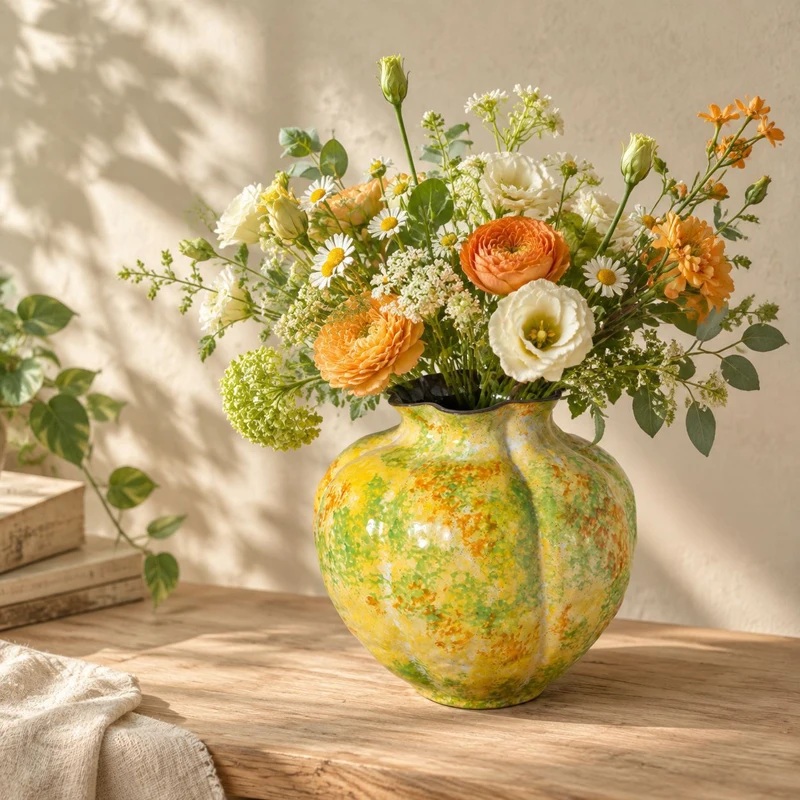 Colorful Handmade ceramic vase in grassy green with purple clay pumpkin-shaped hydroponics natural home decoration