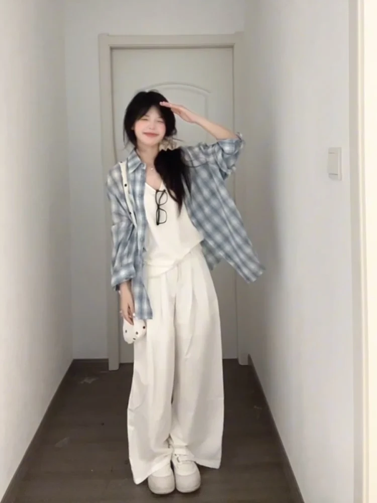 Korean Sle Anti-Uv Long Sve Plaid irt Women's Spring Autumn New High-End Feeling Personali Top Coat Vintage Loose Fit