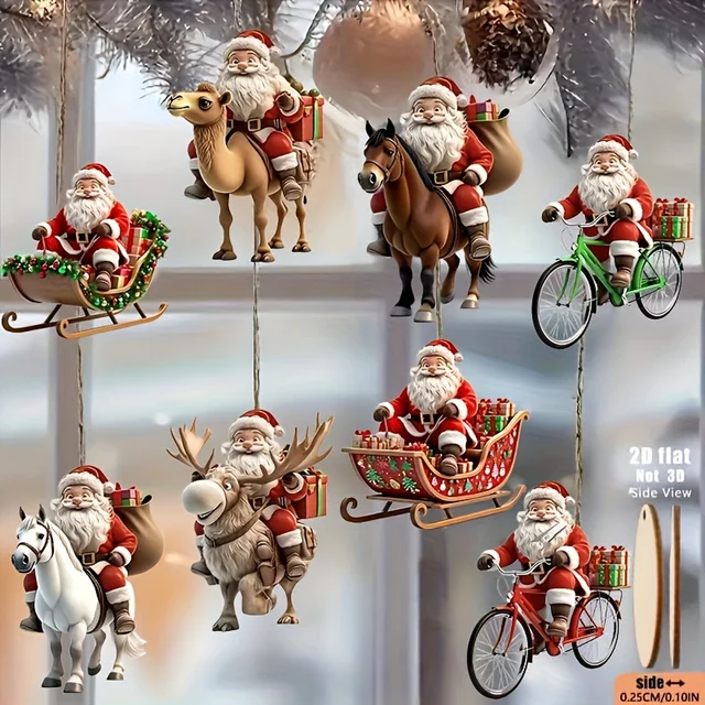 8pcs Different Riding Tools 2D Flat Santa Claus Wooden Ornament Set - Perfect for Christmas Trees and Holiday Home Decorations 1