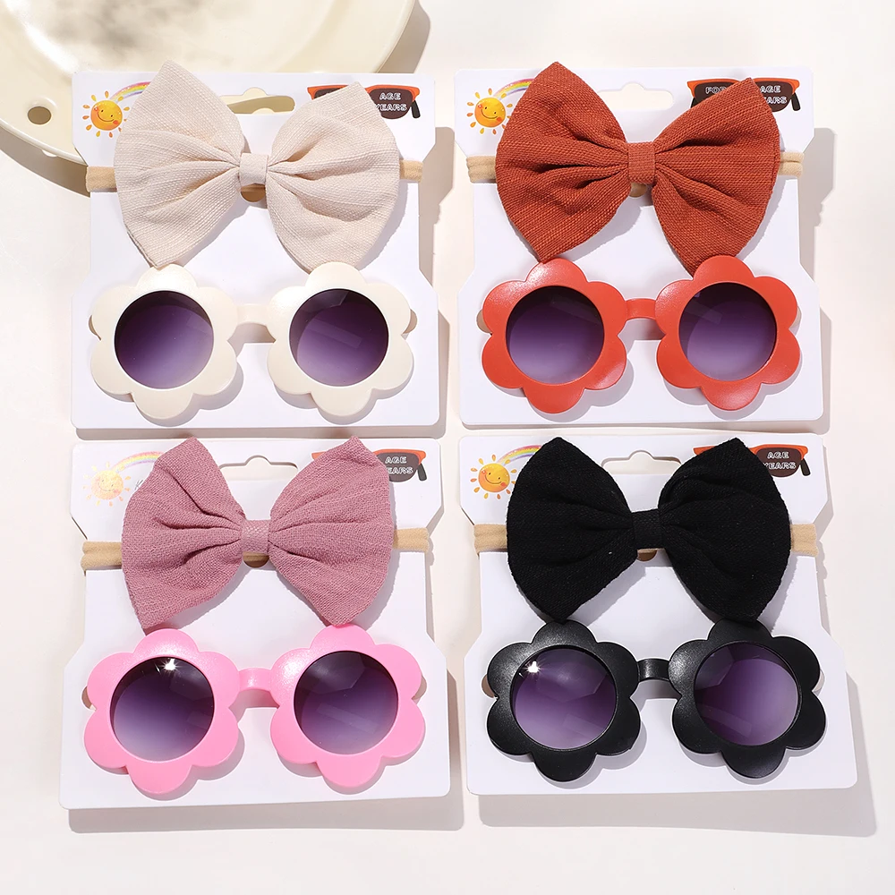 2 Pcs/Set New Children Solid Color Cotton Bowknot Hairband Round Sunglasses Set Baby Girls Sunglasses Kids Hair Accessories