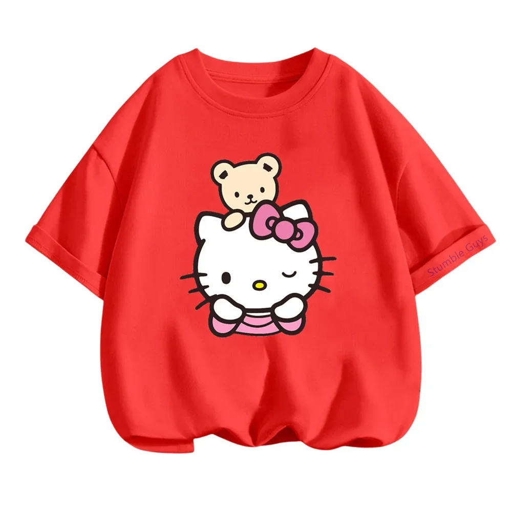 

Детская одежда с героями мультфильмов Hello Kitty для мальчиков и девочек от 3 до 14 лет, летняя футболка Sanrio Kawaii, модная футболка с короткими рукавами