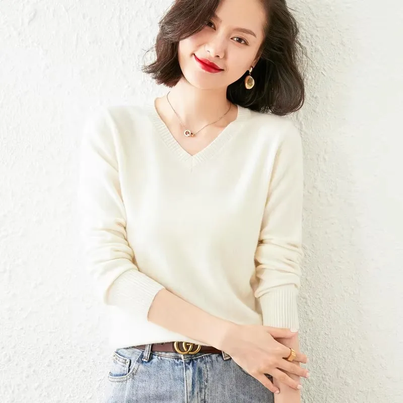 2023 Autumn Winter New 100% Cashmere Sweater Fashion Women Solid Color V-neck Sweaters Female Knit Cultivate Wild Pullovers