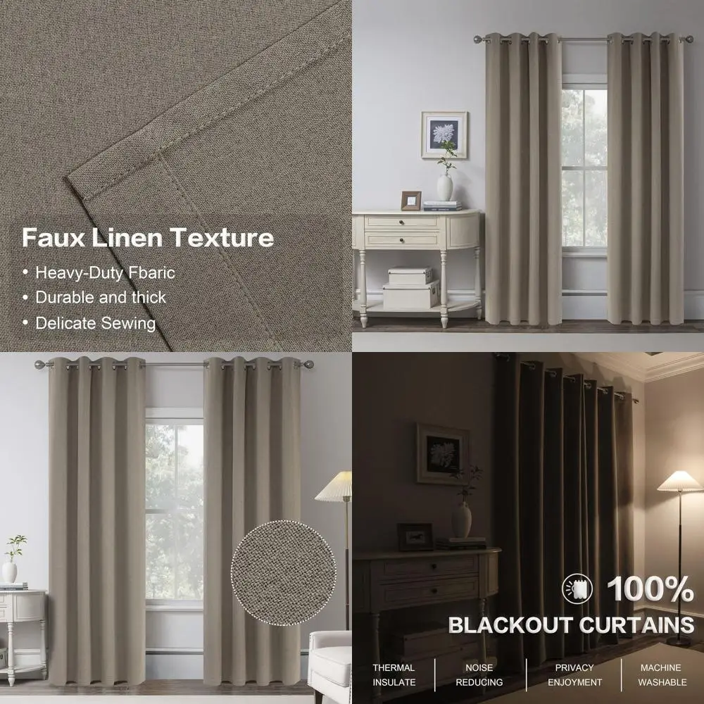 

95 Energy-Efficient Linen Blackout Curtains, 100% Thermal Insulated, Rustic Style, Taupe, 2 Panels, 52x95 for Bedroom/Living Roo