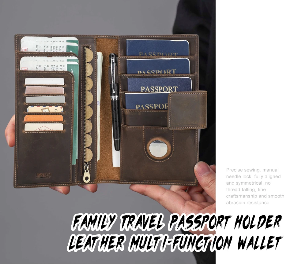 Familien-Passporttasche aus echtem Leder mit Anti-Verlust-Airtag-Etui, Reisepasshülle für Karten, Stifthalter, Reisepass, Reise-Clutch – Detail 1