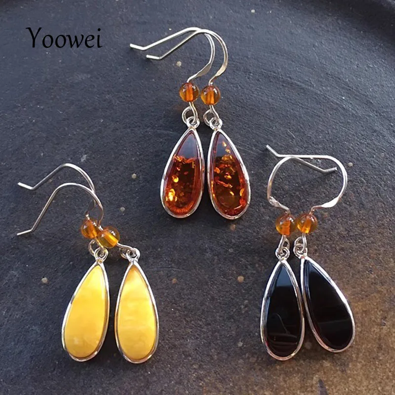 Yoowei New Natural Amber Earrings for Women 3 Colors Real S925 Silver Dangle Earring Unique Baltic Amber Jewelry Gift Wholesale