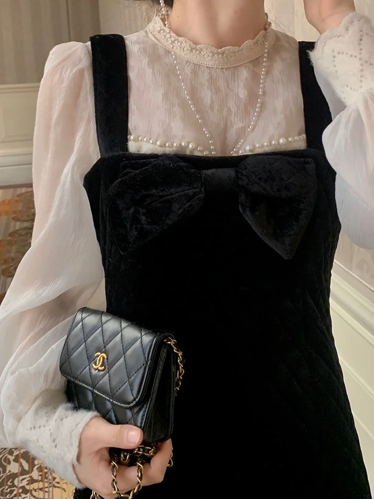 

Ele Lace High Collar Base irt Trendy Embellied irt Commute Sle Long Sve round Ne Pure Color Winter Fa...