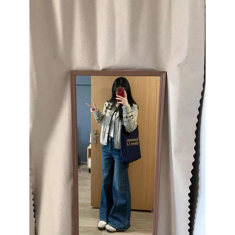 YIBASHU المرأة منقوشة الجولة الرقبة طويلة الأكمام سترة غير رسمية Y2K الأمريكية شارع العليا موضة ريترو 90s سترة تدفئة الملابس #4