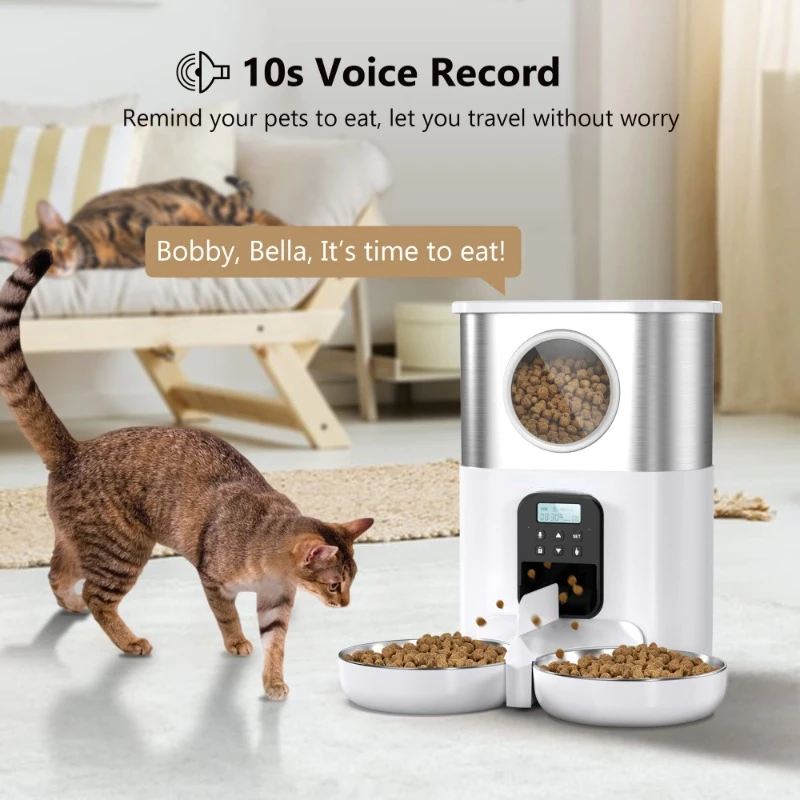 Large Automatic Dog Feeders for Two Cats Pet Feeder Timed Voice Record Cat Feeder Pet Dry Food Dispenser Botton Control Bowls