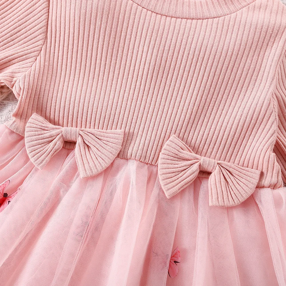 (0-3 years old) Autumn new girls dress round neck long sleeve bow mesh dress butterfly pattern Birthday party team dress solid\\