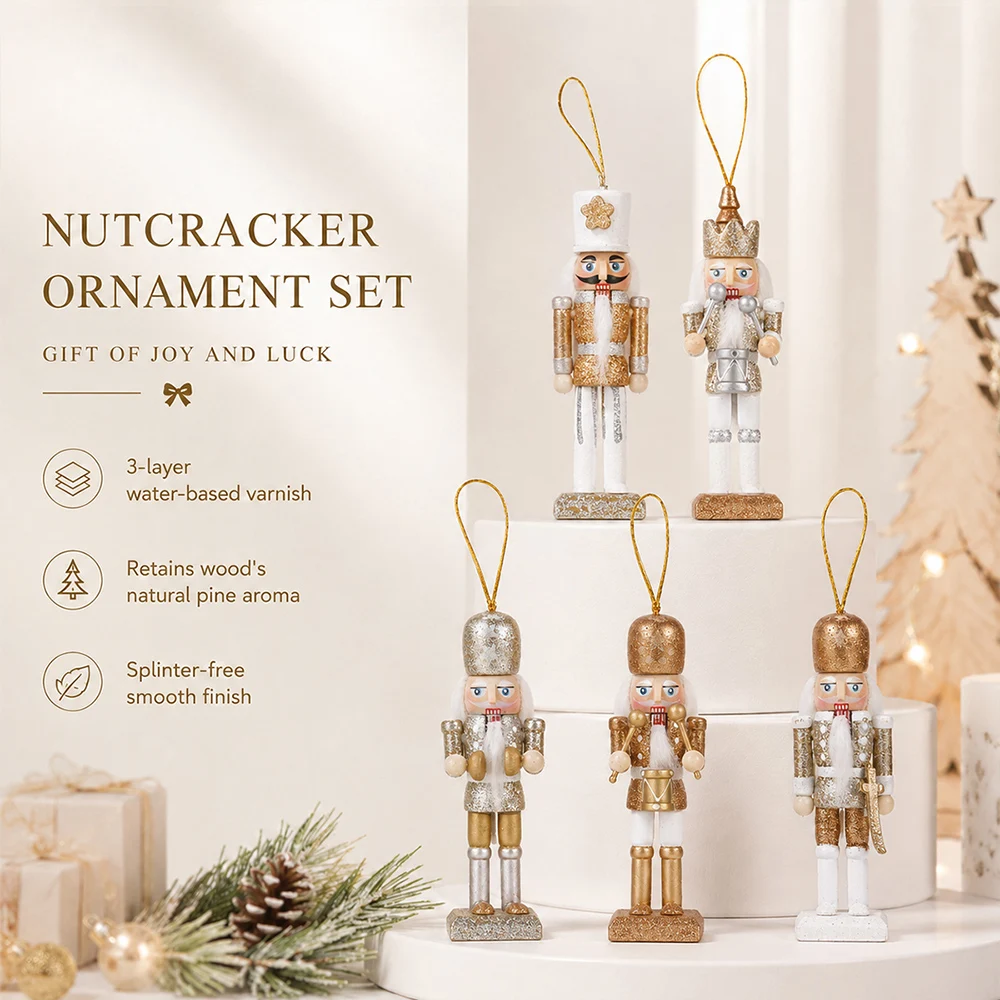 5 Stück 12cm Nussknacker-Puppen aus Holz, Handgefertigte Soldatenfiguren, Tischdekoration, Christbaumanhänger, Weihnachts- und Neujahrsdekoration – Detail 8