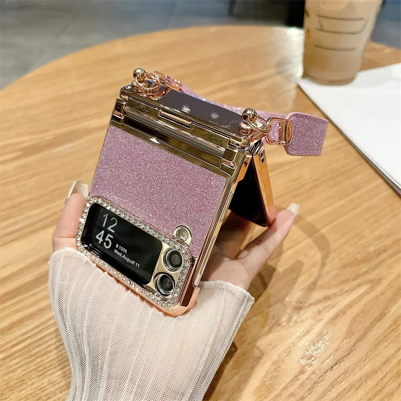 For Samsung Galaxy Z Flip 7 6 5 4 3 Case 3D Jewelled Diamond Luxury Gradient Bling Glitter Wrist Strap Holder Tote Bags Cover