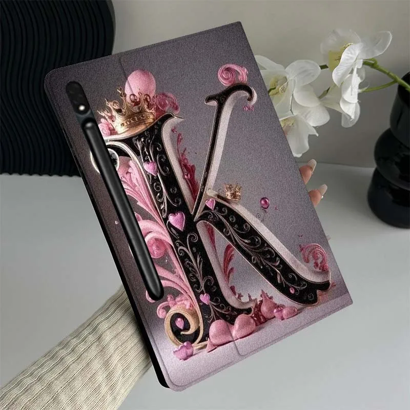 

Cartoon Pink Crown Letter K Gift For Samsung Galaxy Tab S10 S9 S8 S7 Lite FE Plus Scratch resistant Pen Tray Tablet Case