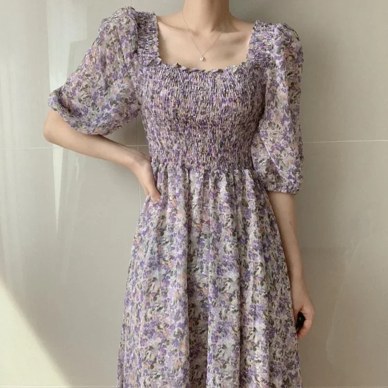 

Korean Floral Dress Women Sweet Puff Sleeve Empire Vintage Fairy Slim Square Collar Vestido Temperament Elegant Y2k Dresses