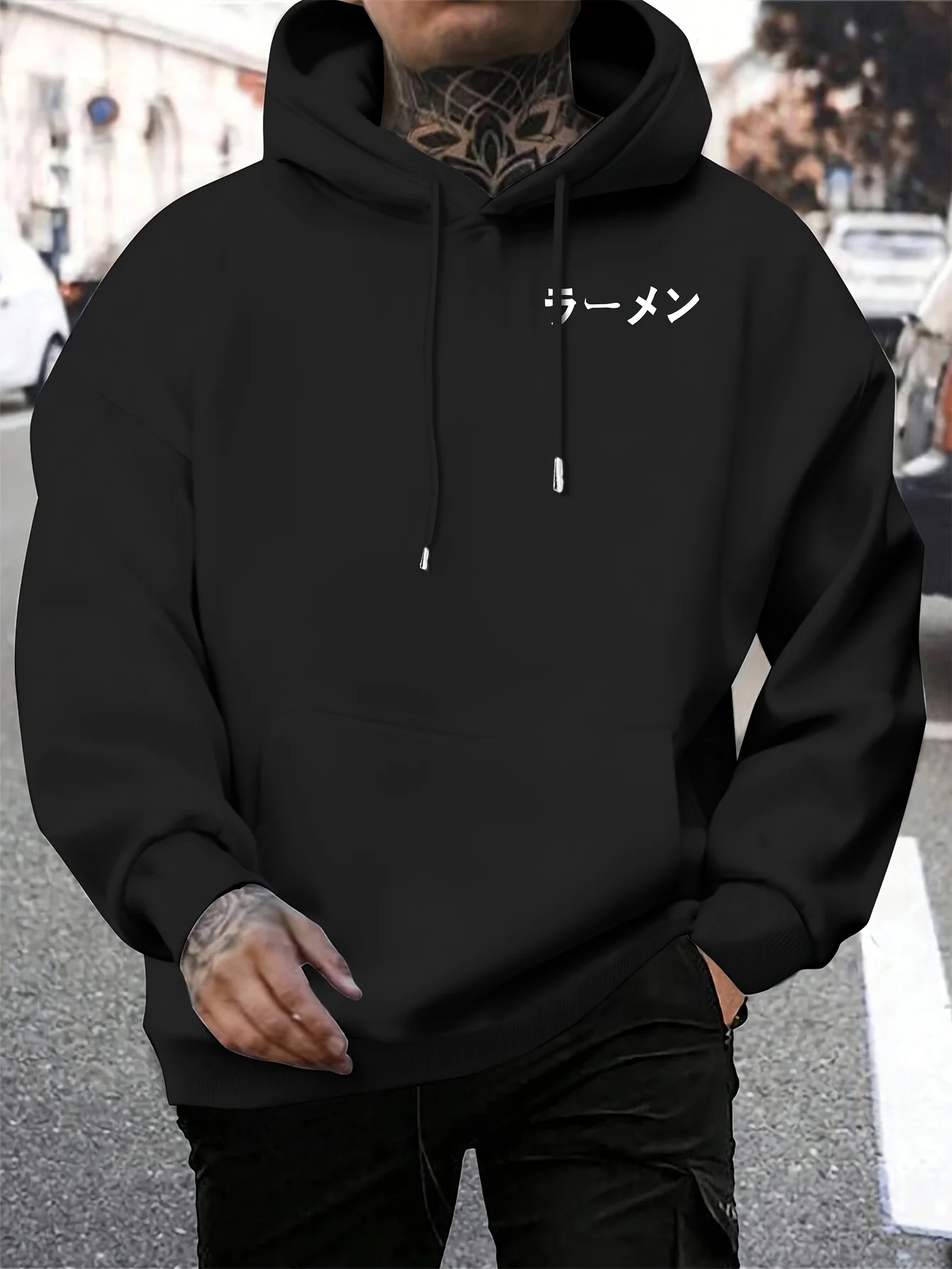 Men Sport Hip Hop Hoodie, Japanese Ramen Noodle Print Streetwear, Fleece Lined Pullover Sweatshirt for Winter Casual Wear