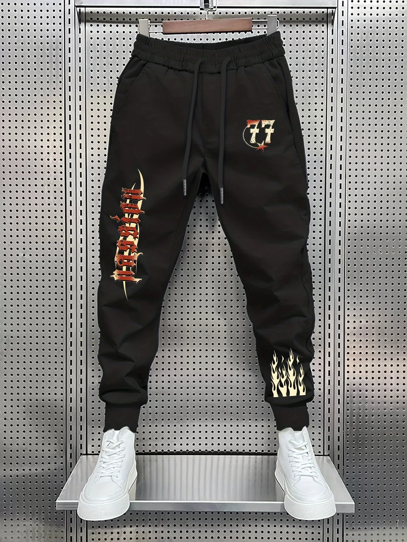Men Gothic Letter Flame Print Jogger Pants, Drawstring Cuffed Loose Hip‑hop Street Sweatpants