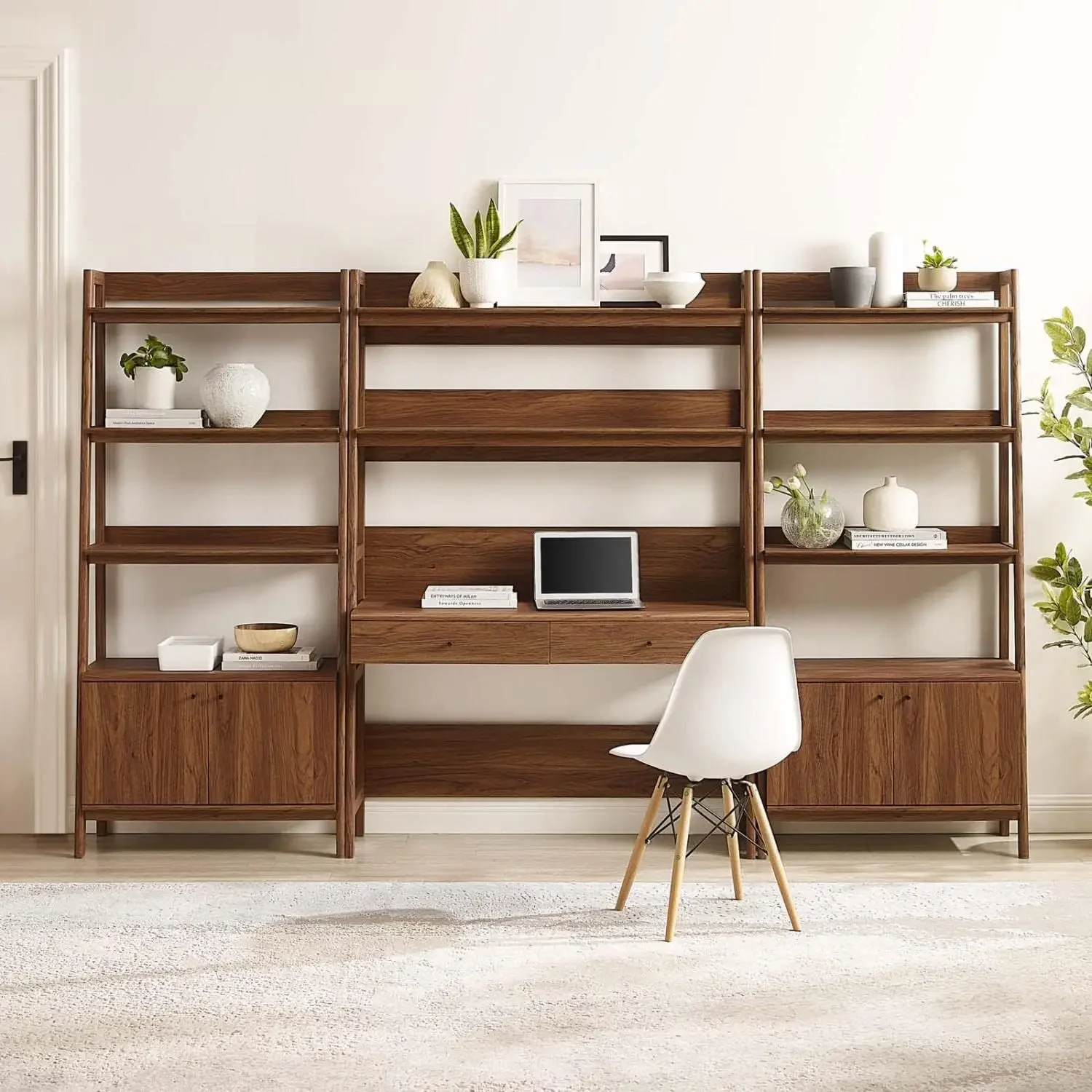 3-Piece Home Office Desk and Bookshelf Display Case in Walnut