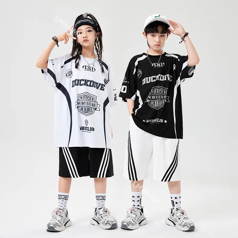 Fashion Hip Hop Dance Costumes for Boys Summer Girls Letter Short Sleeve T-shirt Wide Leg Pants Street Wear Kids Jazz Clothing