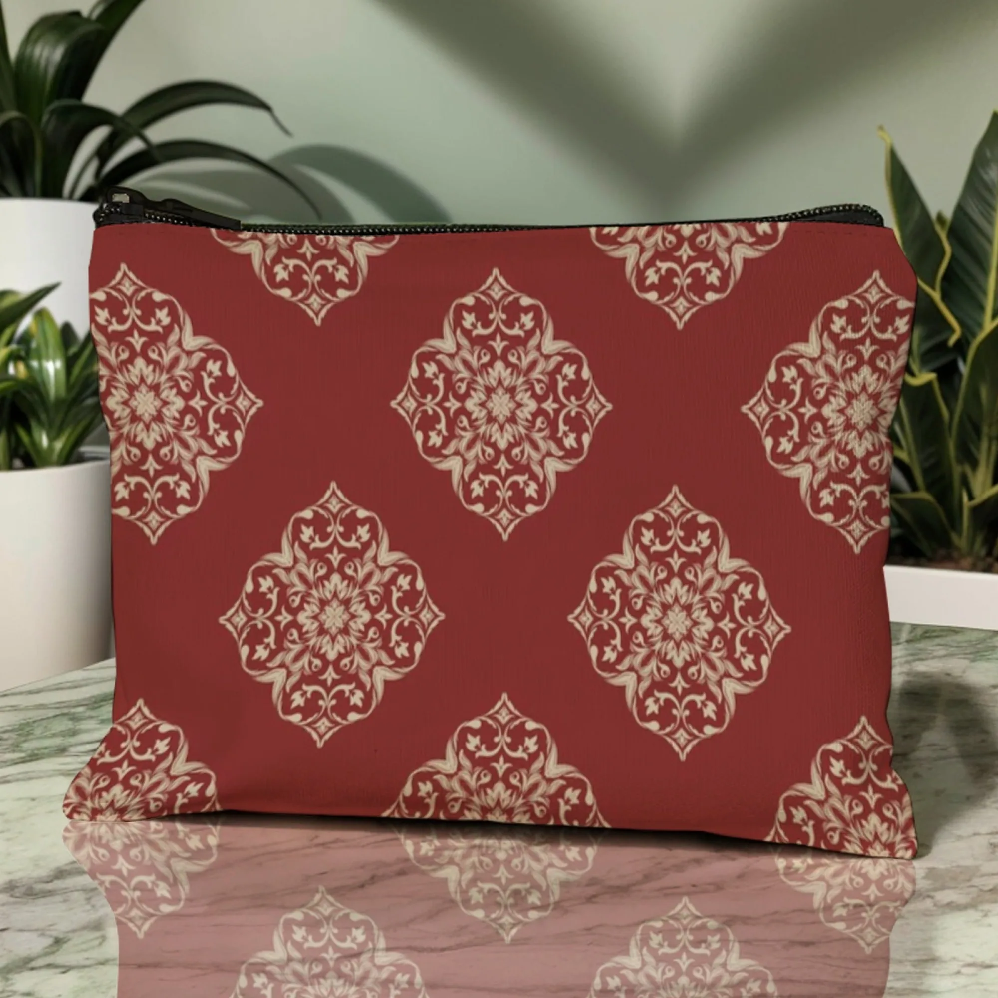 Gorgeous Red Zipper Pouch Cosmetic Pouch Golden European Retro Baroque Patterns Inner Slip Pocket Ideal for Travel or Daily Use