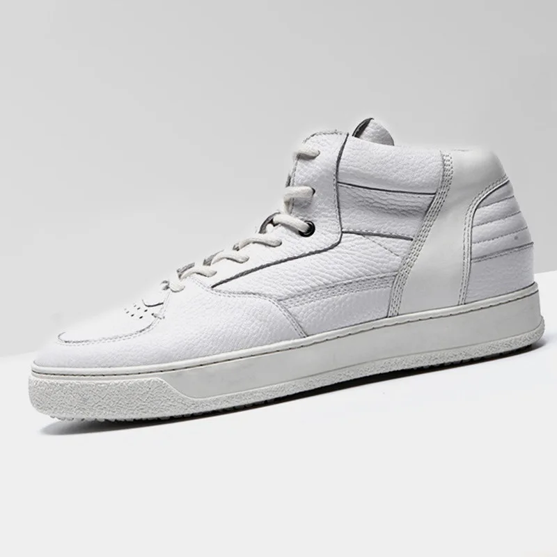 

Guangzhou Men's Handmade High-Top Leather Shoes | Top Grain Cowhide Casual Sneakers | White Sport Platform Shoes for Daily Wear