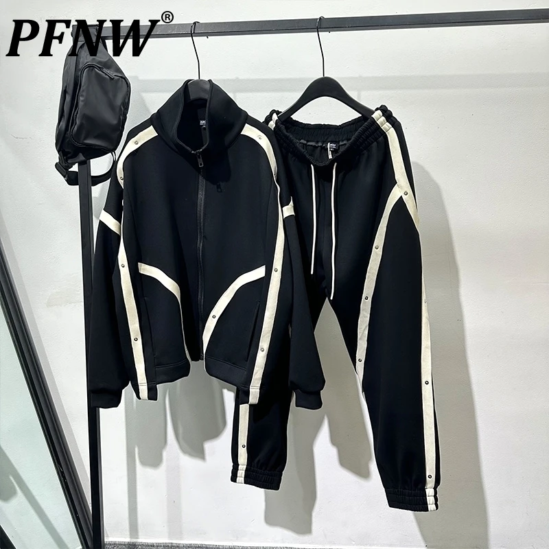 PFNW Black White Colorblock Men's Casual Set Loose Stand Collar Sweatshirt Jacket Drawstring Sweatpants Two-piece Sets 12C2165