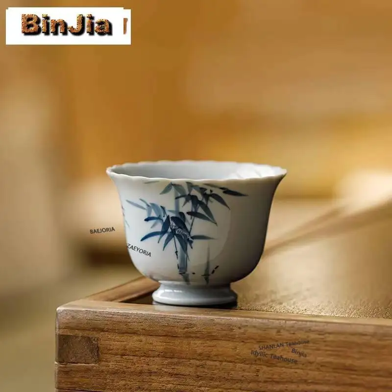 65ml Hand Painted Blue Bamboo Teacup Traditional Tea Bowl Jug Tea-tasting Smelling Cup Jianzhan Master Cups Tea Ceremony Gifts