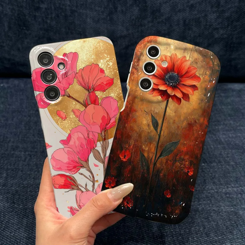 Beautiful Red Flower Painting Phone Case For Samsung Galaxy A56 A55 A54 A51 A17 A07 A06 Feilini Hard Case Wave Oil Soft Case