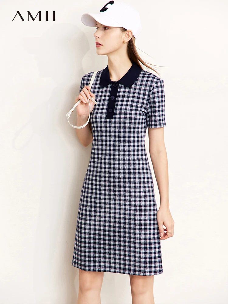 AMII Minimalism Dress Women 2023 Spring Dress New POLO Collar Classic Style Beautiful Checkerboard Slim Summer Dress 12322063