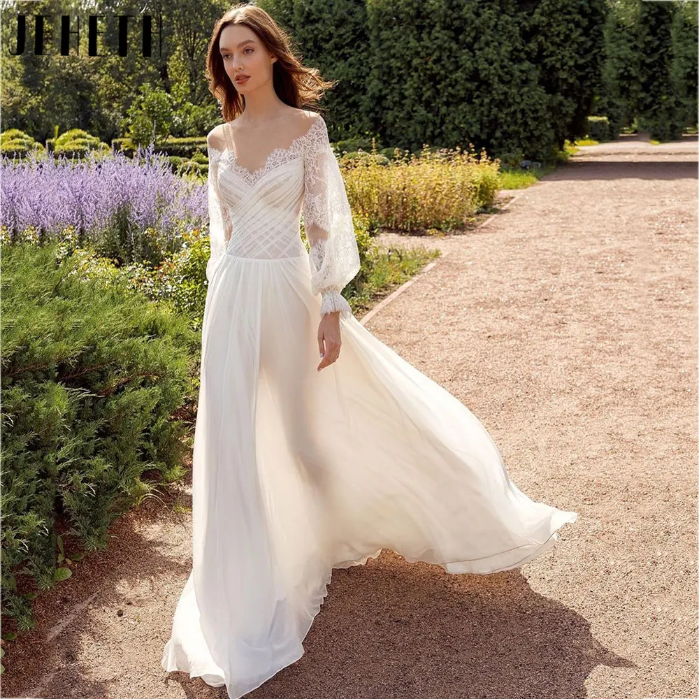 JEHETH elegante abito da sposa in Chiffon di pizzo 2024 Vintage High Split o-collo abito da sposa manica lunga a sbuffo Robe De Mariee Custom MadeJEHETH Elegante Pizzo Chiffon Abito da Sposa 2024 Vintage Alto Split O-N