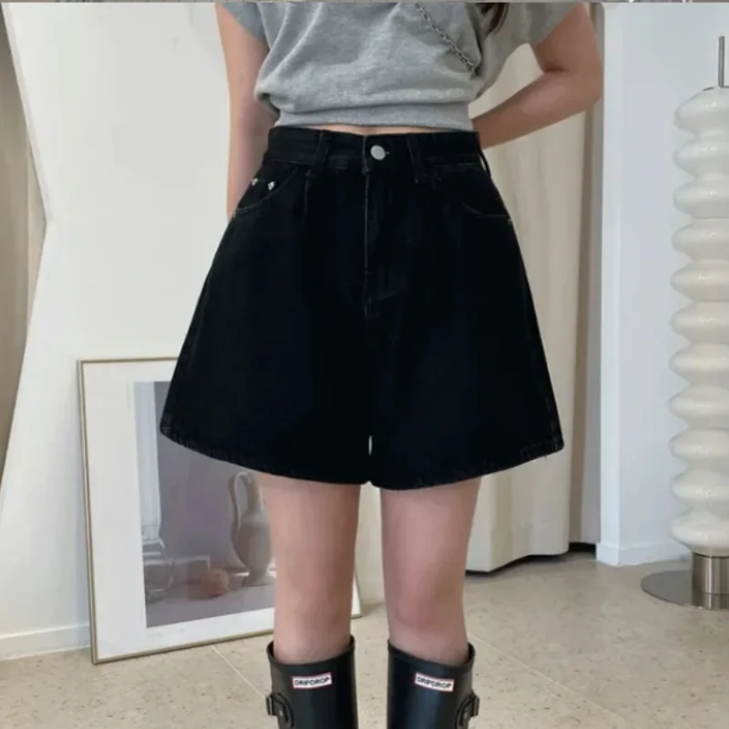 REALEFT 2024 New High Waist Washed Women's Denim Wide Leg Shorts Summer Buttons Casual Female Blue Jeans Trouses Pockets