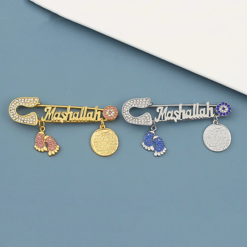 Arabic Mashallah As God Desires Letters Blue Sole Brooch Pin Elegant Luxurious Lapel Pin Jewelry Islam Accessories Gifts