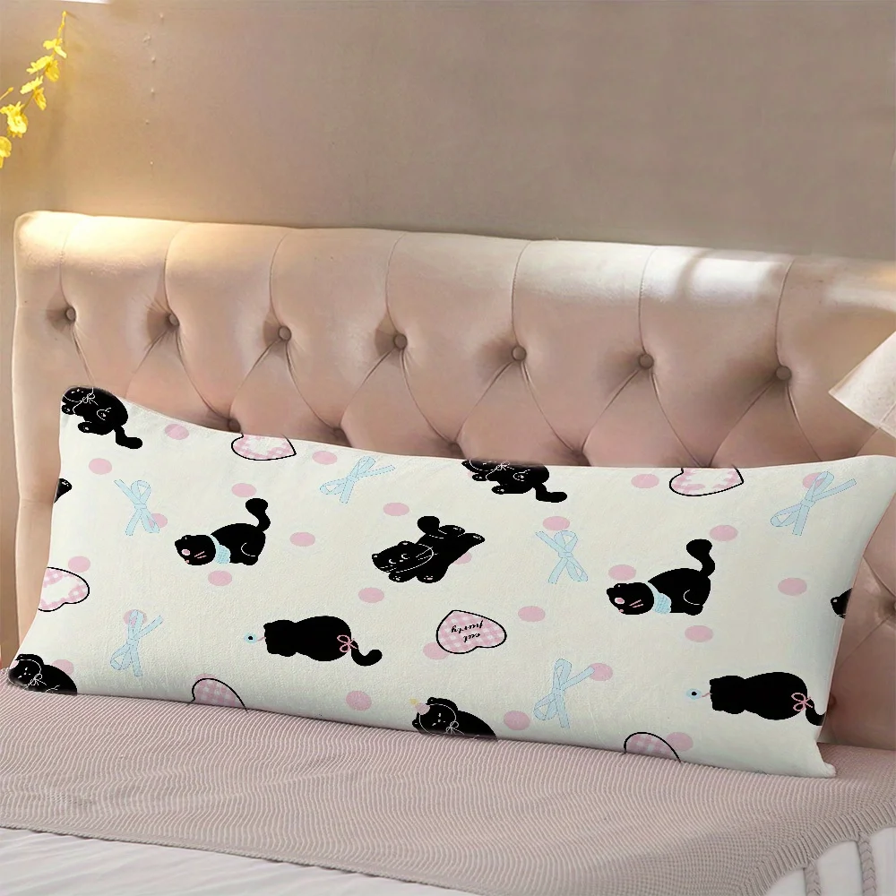 1 Ultra-Soft Kitten Abstract Body Pillowcase, 20x54 Inches, Double-Sided with Cute Black Cat and  Heart Print, Breathable Polyes