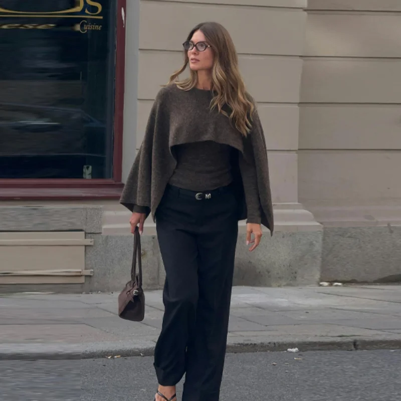 أنيقة عارضة تريكو سيدة أزياء أنيقة متواضعة الكلاسيكية تنوعا بسيطة كيب القمم حزب العصرية الخريف الإناث محبوك البلوزات