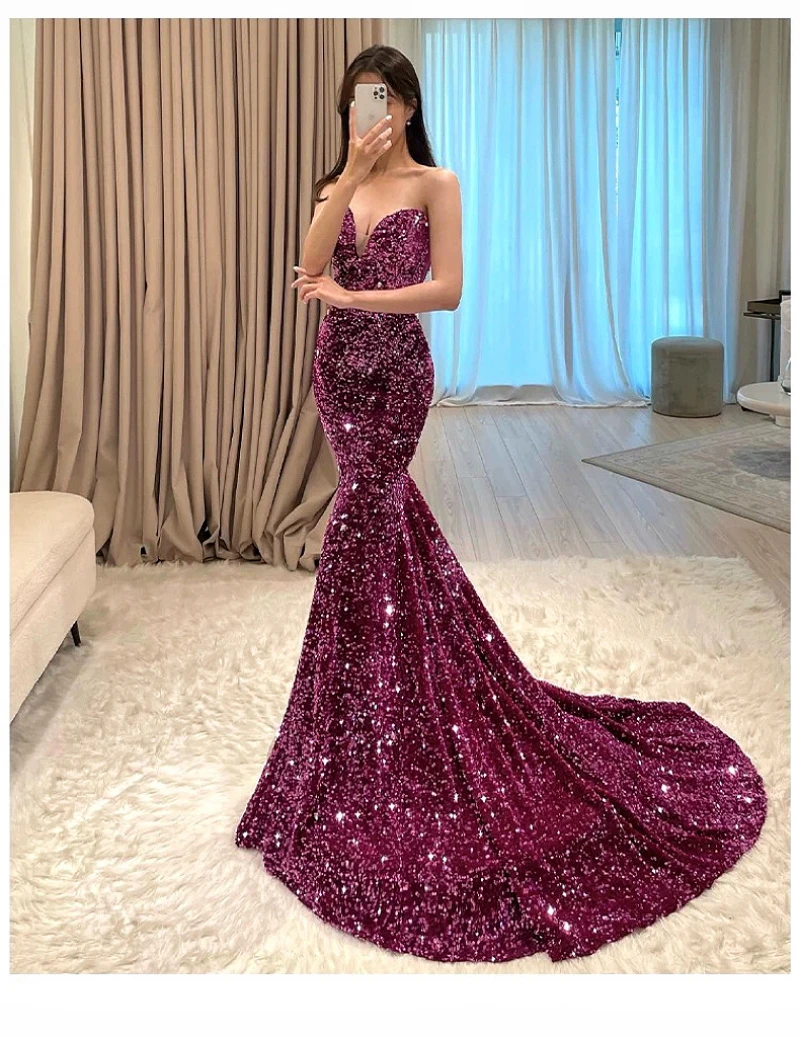 

Sexy Strapless Women Evening Dress V-Neck Sleeveless Sequin Beads Floor Length Backless Bodycon Mermaid Celebrity Prom Gowns