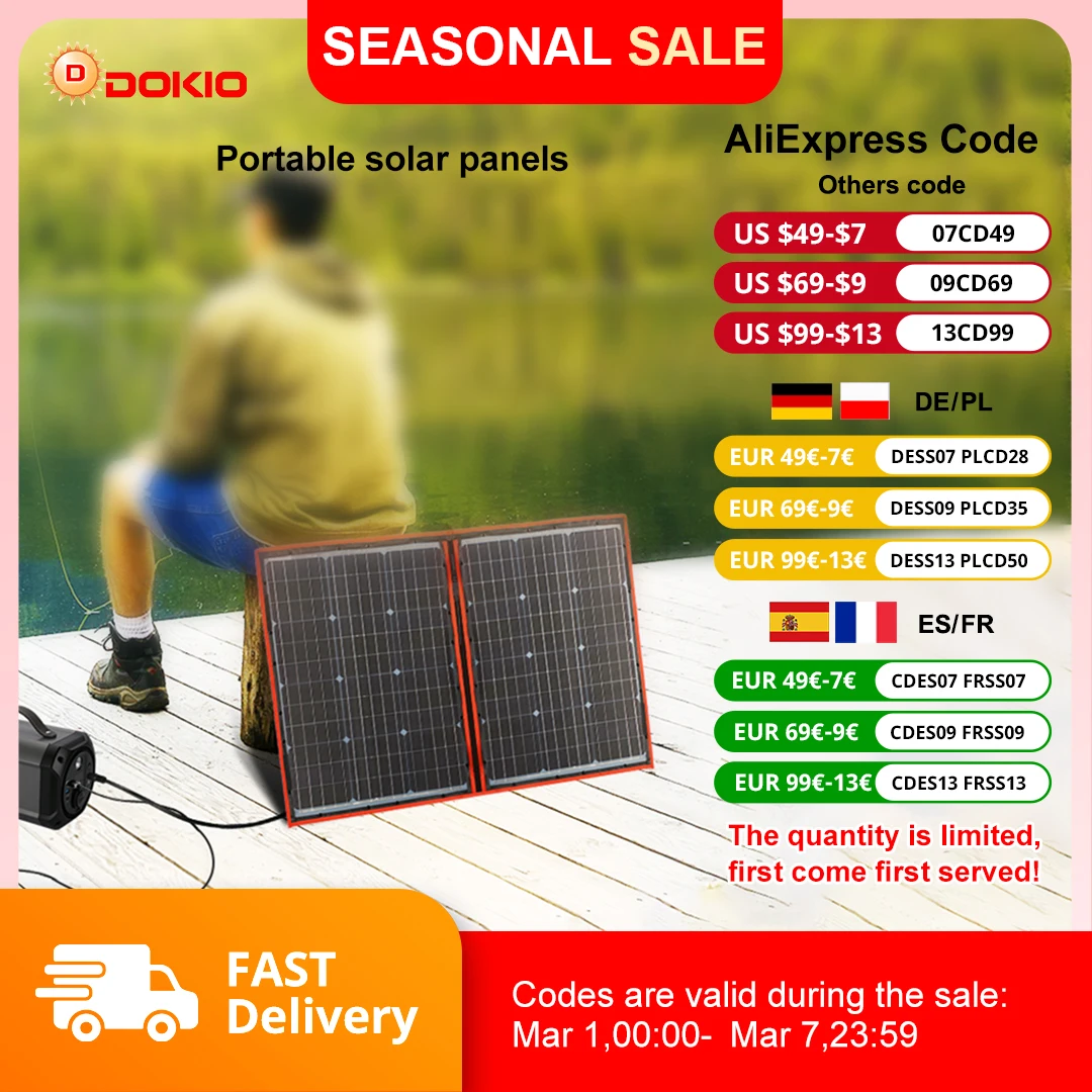 

Гибкая складная солнечная панель Dokio 18V 100W-300W с контроллером 12V, портативная солнечная панель для кемпинга/путешествий/автодомов