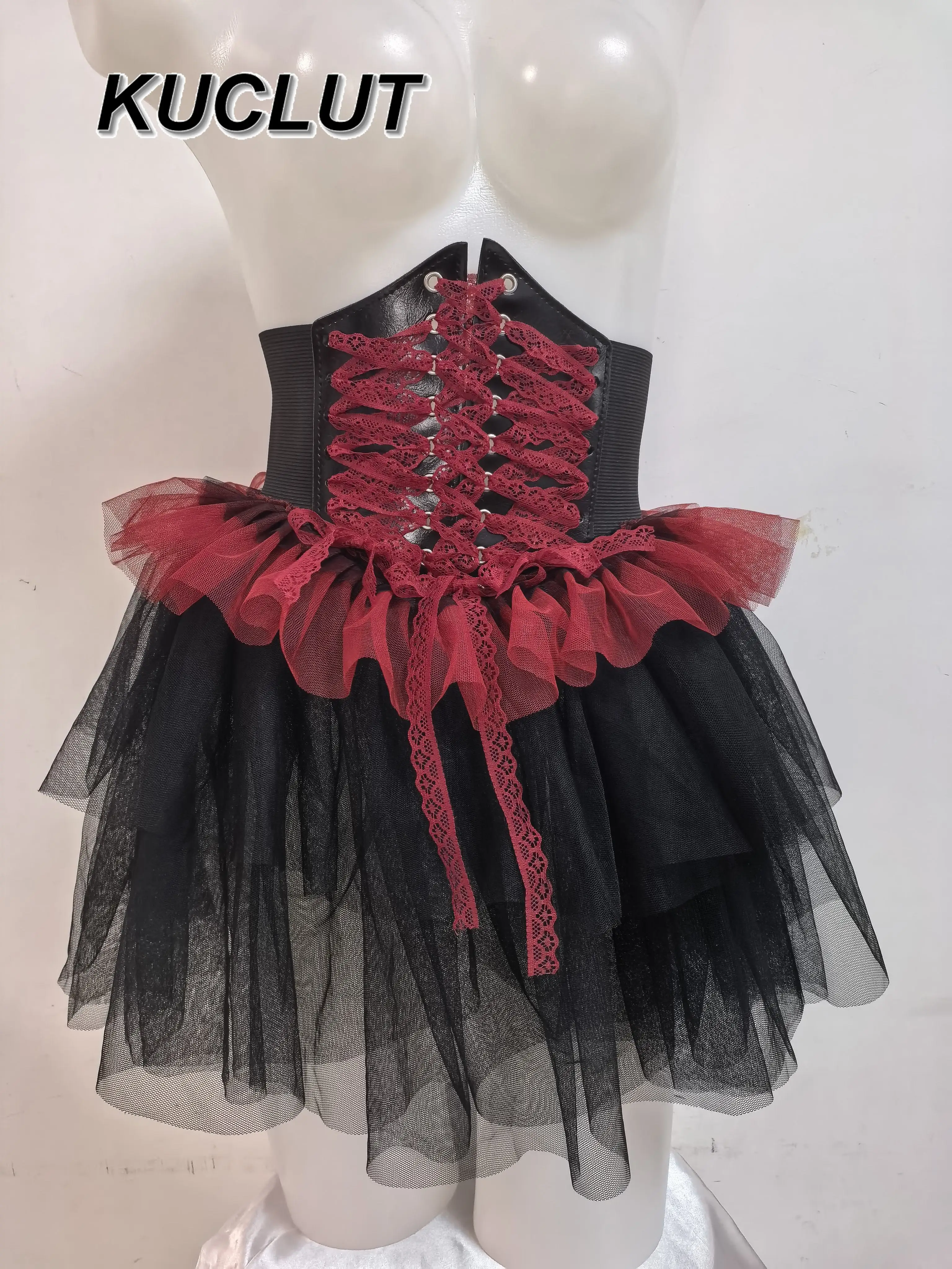 

Готическая темная юбка Y2K для девочек, черно-красная кружевная поясная юбка с поясом, короткие юбки для женщин, многослойные одинаковые аксессуары