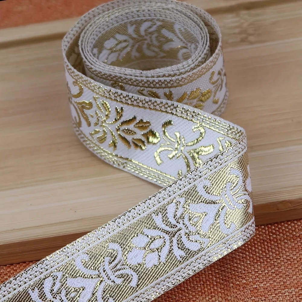 7 Yards 2.5cm Jacquard Ribbon with Golden Floral Leaves Pattern Woven Lace Trim Tape for DIY Sewing and Fabric Projects