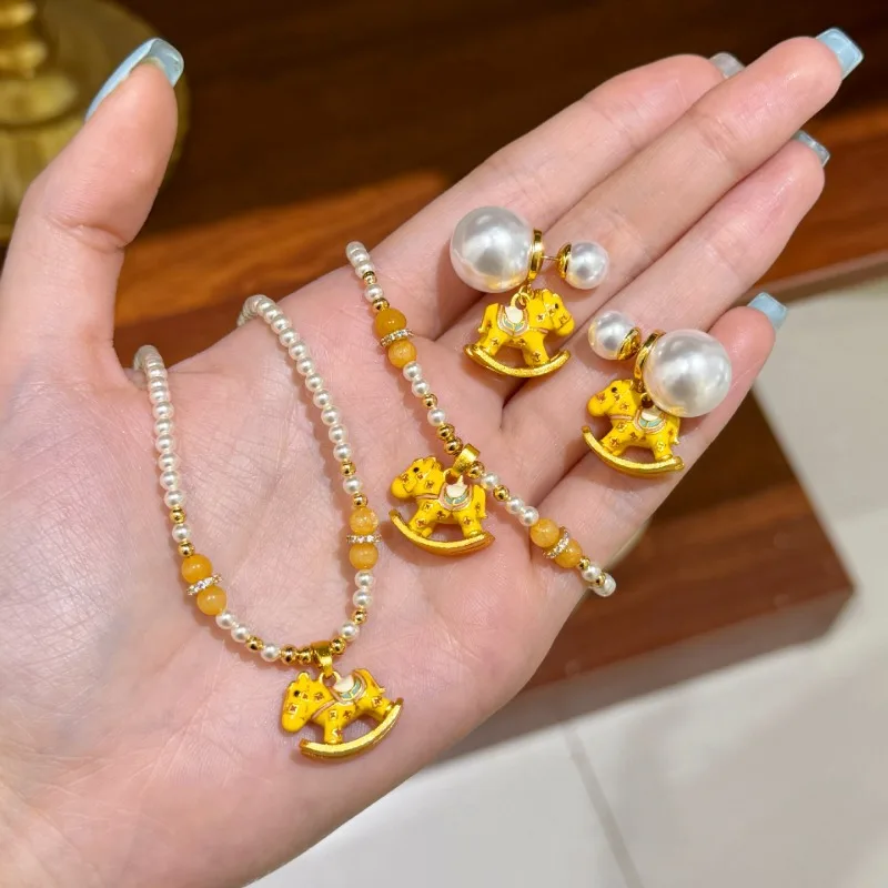 

Fashion Cute Yellow Dripping Enamel Earrings Pearl Strand Whirligig Horse Necklace Light Luxury Niche High-end Clavicle Chain