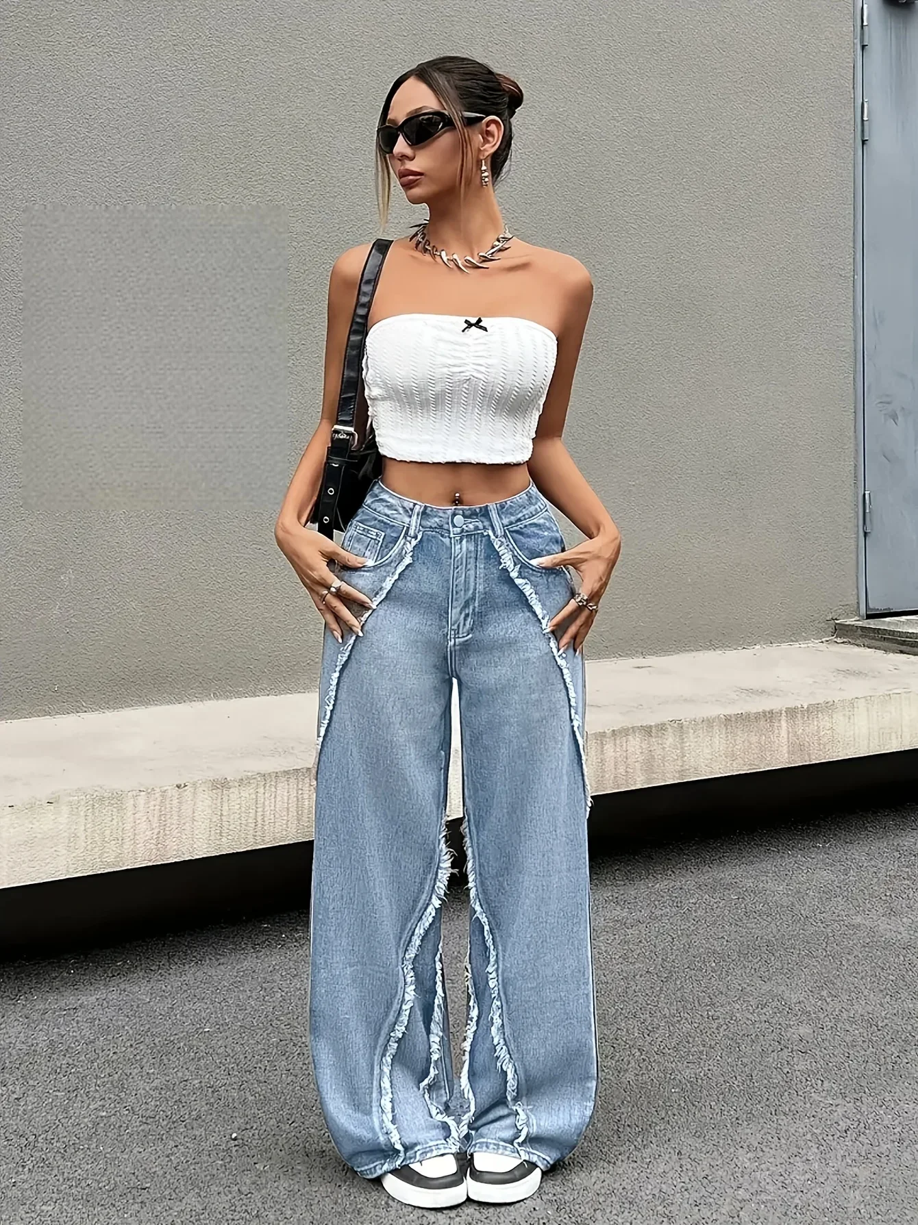 Women's High-Waisted Straight-Leg Denim Trousers Loose Wide-Leg Comfortable Retro Fringed Edges Casual Street Wear Pants